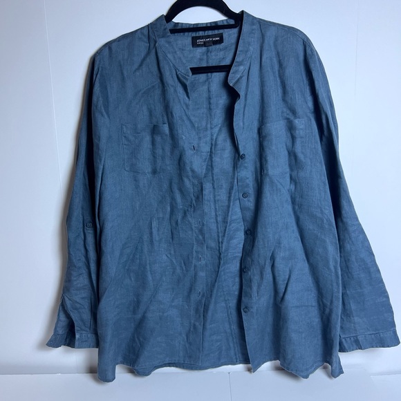 Jones New York Blue Linen Collarless Button Down Shirt w/ Breast Pockets Size 14 - Picture 1 of 10